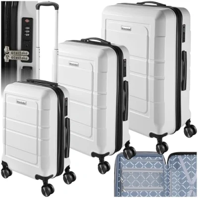 Imagen de TecTake® Juego de Maletas Apilables, 3 Piezas, Plástico ABS Resistente, Viaje con Ruedas Giratorias 360, Maleta Cabina, Mediana, Grande, TSA Blanco