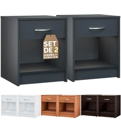 Imagen de CASARIA® Set 2 Mesitas de Noche con Cajón 50x40x35cm para Cama Mueble Dormitorio Mesilla Mesa Auxiliar Compartimento Abierto Asa Cromada