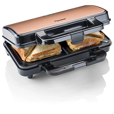 Imagen de Bestron XL Sandwichera, Sandwichera tostadora con recubrimiento antiadherente para 2 sandwiches, incl. control automático de temperatura e indicador listo, 900 vatios, color: negro/cobre