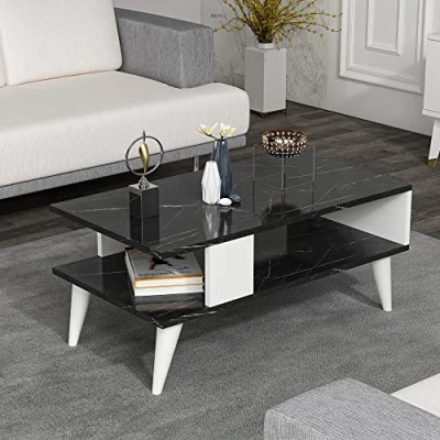 Imagen de [en.casa] Mesa de Centro Rectangular Baja Estable con Estante para Salón Auxiliar Aglomerado 40 x 90 45 cm Mármol Negro/Blanco