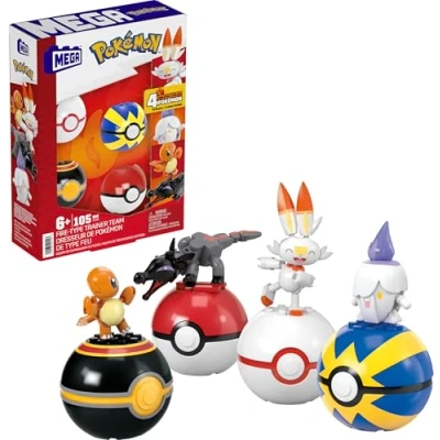 Imagen de Mega Pokémon Equipo de Entrenador Fuego Pack 4 Pokeballs con Salandit, Scorbunny, Charmander &amp; Litwick, 105 Bloques construcción, Juguete +6 años (Mattel HTJ06)