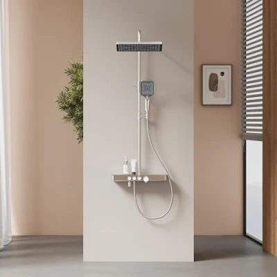 Imagen de EMKE Columna de ducha Termostática, Lluvia y Manual, Altura Ajustable 816 1146mm, Cromado, set con estante vidrio, 1146x450x480mm