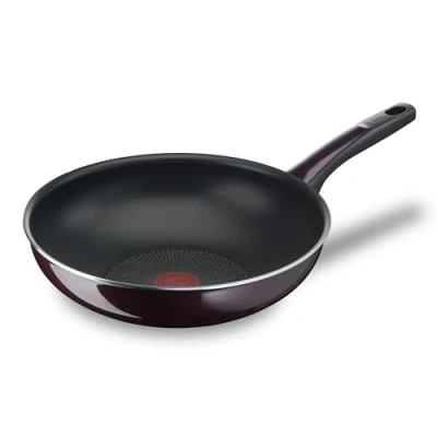 Imagen de Tefal D52219 Resist Intense Sartén wok (28 cm, revestimiento antiadherente, Flame Protect, resistente, señal térmica, forma ideal, fácil de limpiar, seguro), color burdeos