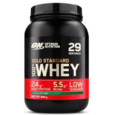 Imagen de Optimum Nutrition Gold Standard 100% Whey, Proteína en Polvo para Recuperacíon y Desarrollo Muscular con Glutamina Natural Aminoácidos BCAA, Sabor Menta Chocolate, 29 Dosis, 899 g