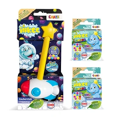 Imagen de INKEE Wand, Pack de Varita Mágica para la bañera en forma cohete, deja un efecto el agua, Incluye 39 drops bombas baño niños