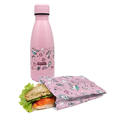 Imagen de NERTHUS FIH 1019 SET Botella Doble Pared Acero Inox + Bolsa Sandwich Unicornio