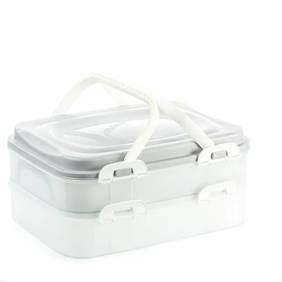 Imagen de 2friends Caja de transporte para tartas y cupcakes/muffins contenedor tartas, fiestas rectangular 2 niveles con elemento elevable + tapa asas cierres clic, 40 x 30