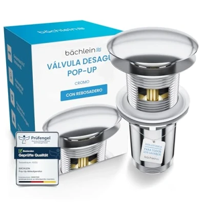 Imagen de Bächlein Desagüe Universal con Rebosadero para Lavabo &amp; Lavamanos Válvula Pop Up Automática Cromada Incl. 3 Juntas Todo Tipo de Lavabos, Instalación Instrucciones