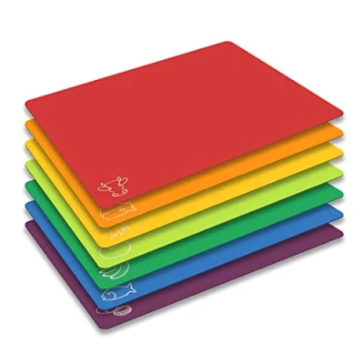 Imagen de Salvamanteles de plástico flexible colores con iconos alimentos, Fotouzy sin BPA, no poroso, reverso antideslizante y apto para el lavavajillas, juego 7