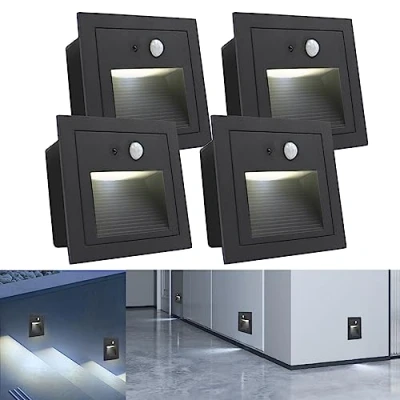 Imagen de Arotelicht 4Pcs LED Luces Empotrables de Escalera con Sensor Movimiento Blanco Frío 6000K Luz Pared Empotrable Cuadrada Alu 230V IP65 Impermeable, Adecuado para Jardín, Escaleras y Terraza.