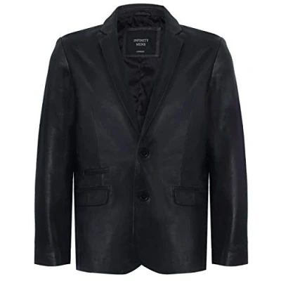 Imagen de Infinity Leather Blazer de Cuero Genuino Negro los Hombres Suave Chaqueta Entallada Estilo Italiano Real M