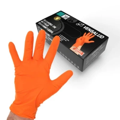 Imagen de VENSALUD Guantes de Nitrilo Diamantados Extra Fuertes y Resistentes Para Talleres Mecánicos, Jardinería, Cocina, Montajes, Veterinaria, Limpieza Sin Látex 50 uds. Naranja M