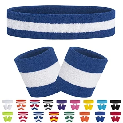 Imagen de FACATH Conjunto de Banda Sudor a Rayas para Deportes con Diadema Tela Rizo, Pulsera Ejercicio atlético, Baloncesto, muñequera, Diademas