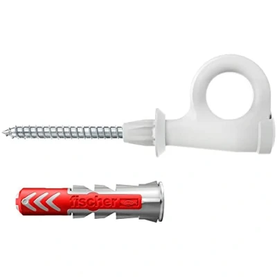 Imagen de fischer Loop 564173 Juego de 25 tornillos gancho y 8 tacos DuoPower, aglomerado con ganchos, ganchos flexibles para montaje en numerosos materiales construcción EasyHook, color