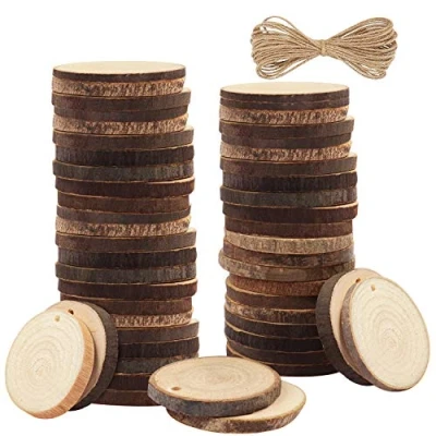 Imagen de Kurtzy Pack de 50 Rodajas Madera sin Acabado Círculos Natural Rebanadas con Corteza 3 5 cm y mm Grosor Troncos Agujero 10m Cordel Manualidades Decorar