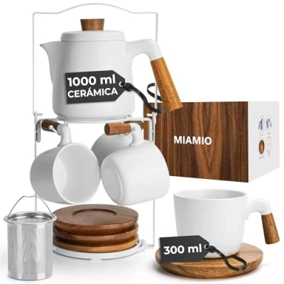 Imagen de MIAMIO Juego de Tetera cerámica 1000 ml con infusor y Tazas/colador té, 4 Tazas té (300 ml), platitos bambú/asa para el hogar despacho (Blanco)