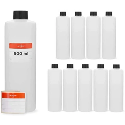 Imagen de botellas de plástico 10 x 500 ml, HDPE, redondas con tapas roscadas o negras, vacías un tamaño rosca 25 mm, incl. etiquetas