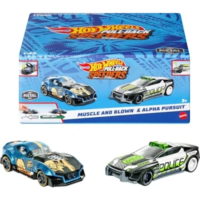 Imagen de Hot Wheels Pack 2 Coches de Juguete Carreras, Tira hacia atrás del Coche y Suelta, con Puerta, capó o Maletero Que se abren, Modelos Surtidos, +3 años, Los Pueden Variar, HPR91