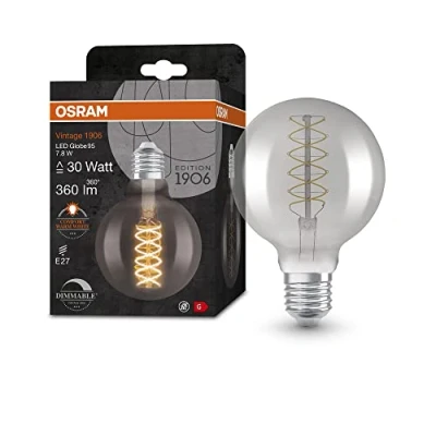 Imagen de OSRAM Lámpara LED Vintage 1906 ahumada, 7,8 W, 360 lm, forma de globo con 80 mm diámetro y casquillo E27, luz blanca cálida, filamento en espiral, regulable, vida útil hasta 15 000 horas