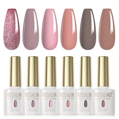 Imagen de ROSALIND Esmaltes Semipermanentes para Uñas Rosa Nude Gris Marrón Glitter 6 Colores Kit Pintauñas de Gel UV LED en Nail Polish Esmalte 6ml