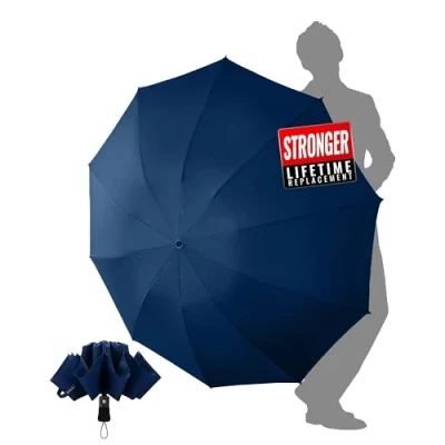 Imagen de Chakipee Paraguas Plegable Antiviento Grande Viento Invertido Automatico Azul Mujeres y Hombres Grandes xxl Resistente al Prueba de Compacto con 10 Varillas 210T