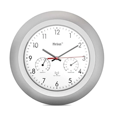 Imagen de Mebus Funk Wanduhr mit Thermometer und Hygrometer/silberner Rahmen/weißes Zifferblatt / 29cm Durchmesser/Rund/Modell: 19450 Farbe: Silber, Weiß