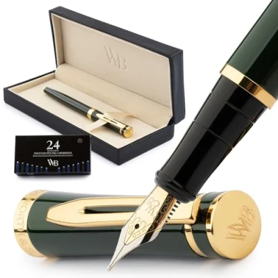 Imagen de Wordsworth &amp; Black Juego de pluma estilográfica punta media dorada 18 kt con 24 cartuchos tinta, convertidor para la recarga tinta y estuche regalo, acabado dorado (Verde racing)