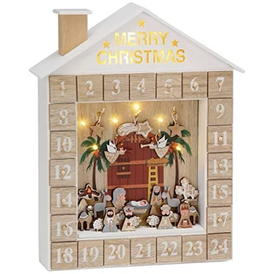 Imagen de BRUBAKER Calendario de Adviento Madera Reutilizable para Rellenar Cuna la Historia Biblia con iluminación LED Navidad DIY 31.5 x 38.2 6.3 cm