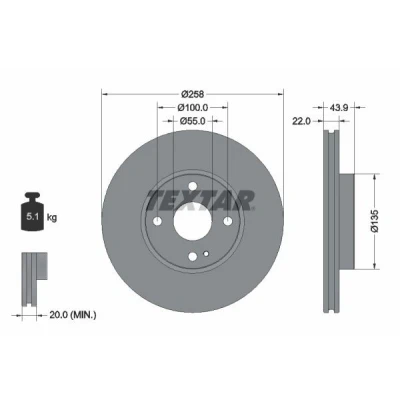 Imagen de TEXTAR 92300903 Disco de freno 258 22 04/05 100 ventilación interna revestido sin cojinete rueda, perno sujeción buje rueda