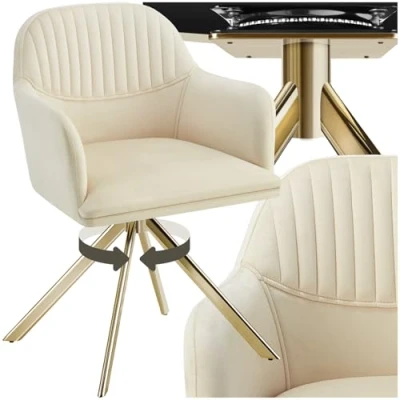 Imagen de TecTake® Silla Giratoria Tapizada con Respaldo Continuo, Patas de Acero Giratorias 360º, Dormitorio, Butacas Salon, Sillas Comedor, Comedor Nordica 1 Crema/Oro