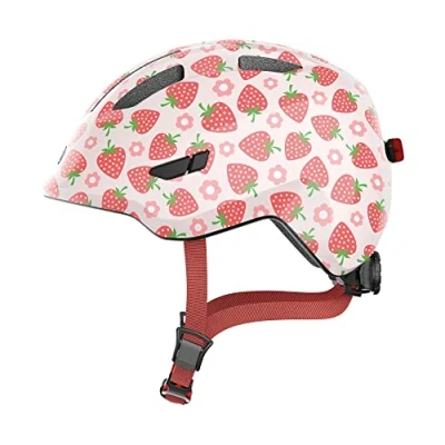 Imagen de ABUS casco infantil Smiley 3.0 LED de bicicleta con luz ajuste profundo y espacio para una coleta niñas niños rosa estampado fresas, talla S, S (45 50 cm)