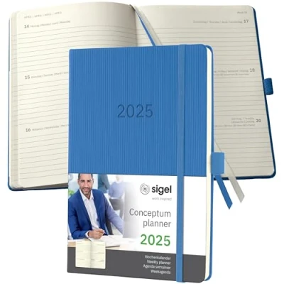 Imagen de SIGEL C2568 Conceptum Agenda semanal 2025, aprox. A5, azul, tapa dura, dos páginas = una semana, 192