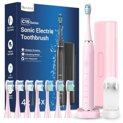 Imagen de Sonic Cepillo de dientes eléctrico sónico Viaje sónico, Shcall Electric Toothbrush con 8 cabezales, 5 modos, temporizador rosa claro