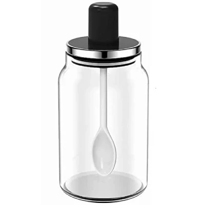 Imagen de XiaoShenLu Tarro de especias con sello cuchara, salero y azúcar, botella condimento para el hogar, 220 ml, color negro