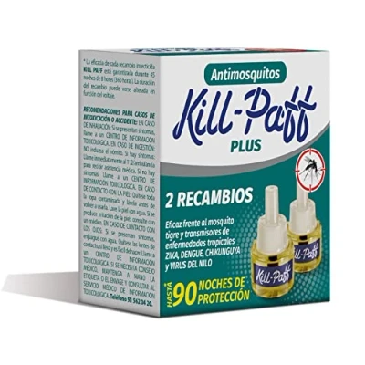 Imagen de KILL PAFF Antimosquitos Eléctrico Protección Eficaz Contra Mosquitos Tigre y Transmisores de Enfermedades Tropicales Sin Olor 90 Noches 2 Recambios 33 + ml