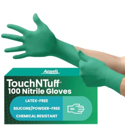 Imagen de Ansell TouchNTuff 92 605 Guantes Desechables de Nitrilo, Sin Polvo, Alta Protección Química y Mecánica, Seguridad Alimentaria, Multiusos Profesionales, Verde, Talla L (100 Guantes)