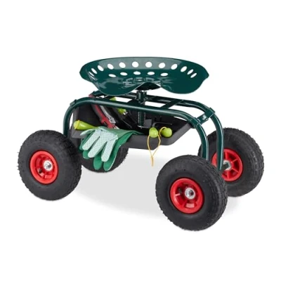 Imagen de Relaxdays Asiento de Jardín con Ruedas Neumáticas, Altura Regulable, 150 kg, Compartimento Almacenaje, Acero, Verde, Caucho, 54 x 42 81 cm