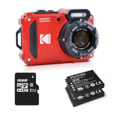 Imagen de KODAK Pixpro Pack WPZ2 + 2 baterías 1 Tarjeta SD Compact 16M Pixels, Impermeable a 15 m, antigolpes, Video 720p, Pantalla LCD 2,7 Batería de Li Ion Rojo