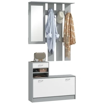 Imagen de HOMCOM Recibidor de Entrada con Espejo Perchero y Zapatero Mueble 2 Piezas 6 Ganchos Estantes Cajón Abatible para Pasillo Gris Oscuro