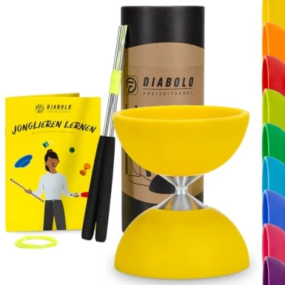 Imagen de Diabolo Freizeitsport Kit básico de malabares (amarillo) Diábolo con palillos aluminio, cuerda repuesto, instrucciones (idioma español no garantizado), perfecto para niños, principiantes y