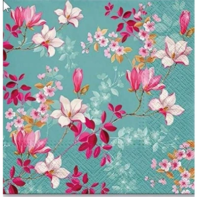 Imagen de Servietten Blumen 20 servilletas con estampado de magnolias en azul, flores para primavera o Pascua, 33 x cm