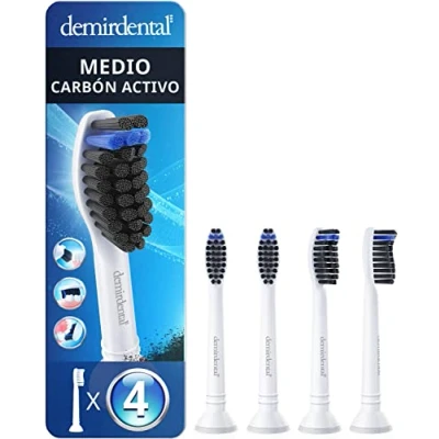Imagen de Pack con 4 cabezales demirdental compatibles los recambios de Philips Sonicare carbón activo, cepillos dureza media, Blanco, corresponde a HX9054m