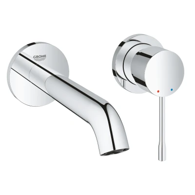 Imagen de Grohe Essence Grifo de lavabo doble agujero con sistema montaje en pared, kit para final, cuerpo empotrado no incluido, tecnología EcoJoy, aireador AquaGuide (19408001)