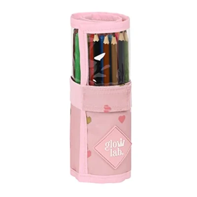 Imagen de Glowlab Hearts Estuche Enrollable Útiles Incluidos, Infantil, Niño, Ideal para Niños de 5 a 14 Años, Cómodo y Versátil, Calidad Resistencia, 7x20 cm, Color Rosa Claro