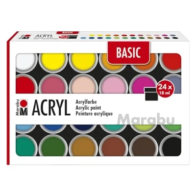Imagen de Marabu estuche de pintura acrílica BASIC, 24 x 18 ml colores semimates, fáciles pintar, secado rápido, resistentes a la luz y intemperie, 1210000000215