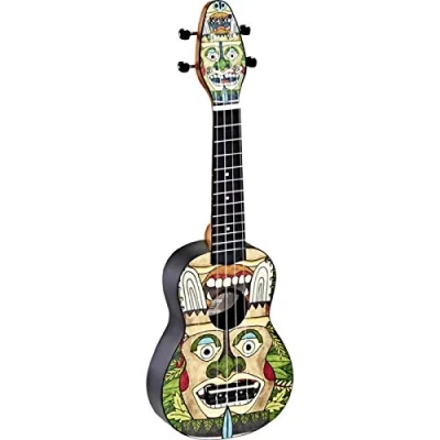 Imagen de Ortega Guitars Ukelele Soprano Keiki K2 con diseño de Voodoo Puppet incluye afinador, 5 puas grosor medio y funda estilo bolsa cuerdas logo madera Kauri, VP