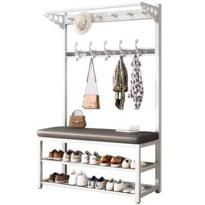 Imagen de Perchero de Pie Metálica con Zapatero y Ganchos, Banco para Pasillo, Recibidores Entrada Pasillo Salón Dormitorio Salón（60/80/100CM）