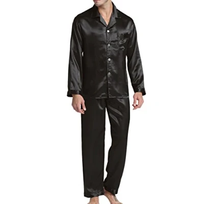 Imagen de Conjunto de pijama satén para hombre, Negro, XXL