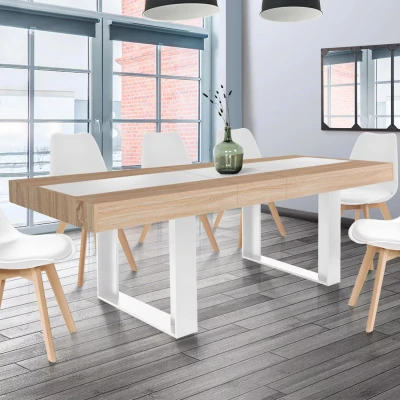 Imagen de IDMarket Phoenix Mesa de comedor extensible rectangular 6 10 personas, madera y blanco, banda central blanca, 160 200 cm