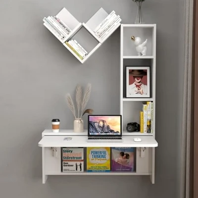 Imagen de Pmnianhua Mesa plegable montada en la pared, escritorio con armarios móviles, portátil flotante estantes de almacenamiento convertibles, estación trabajo multifuncional para